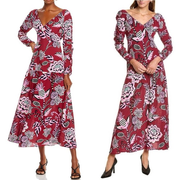 FARM RIO Burgundy Pineapple Inspiration Floral Print V Neck Open Back Maxi Dress - Picture 3 of 11